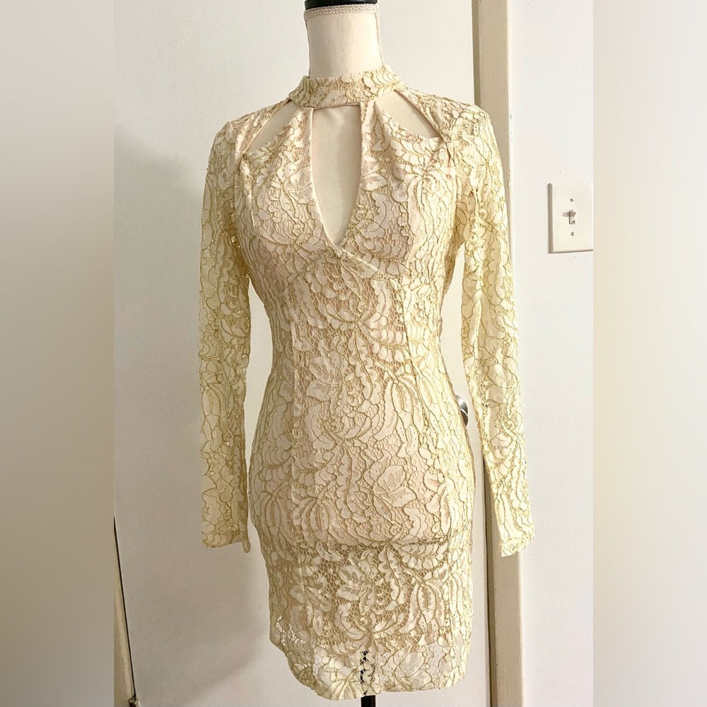 NWT Bebe mocked neck gold lace dress S